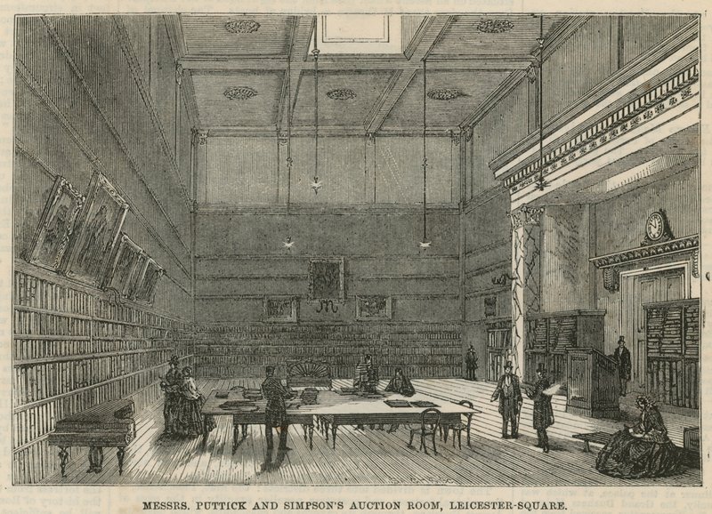 Auktionsraum von Messrs Puttick und Simpson, Leicester Square, London von English School