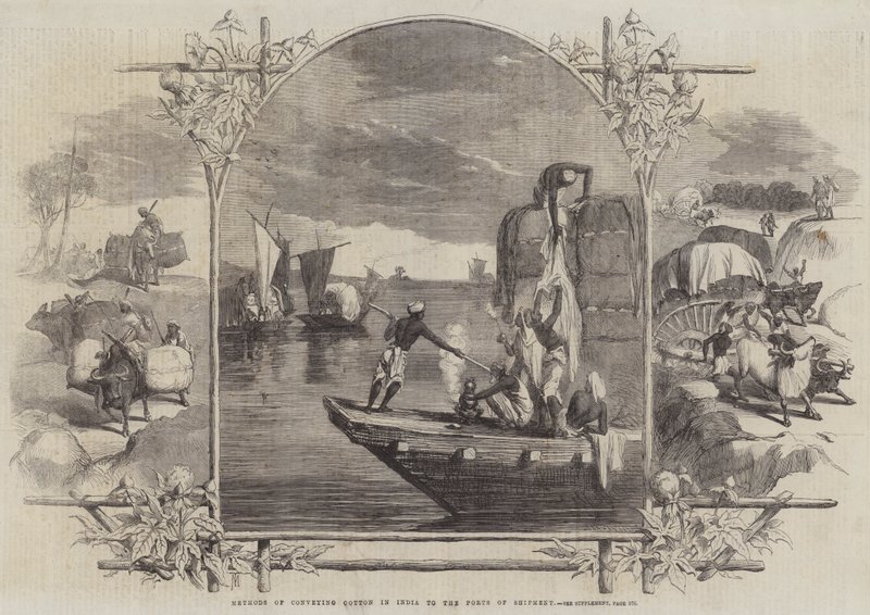 Methoden des Baumwolltransports in Indien zu den Verschiffungshäfen (Stich) von English School