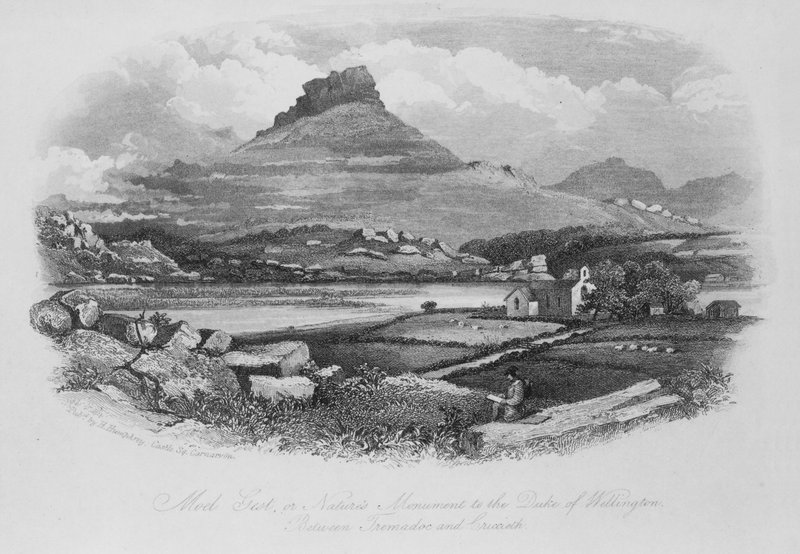 Moel Gest, oder Naturdenkmal für den Herzog von Wellington, zwischen Tremadoc und Criccieth von English School
