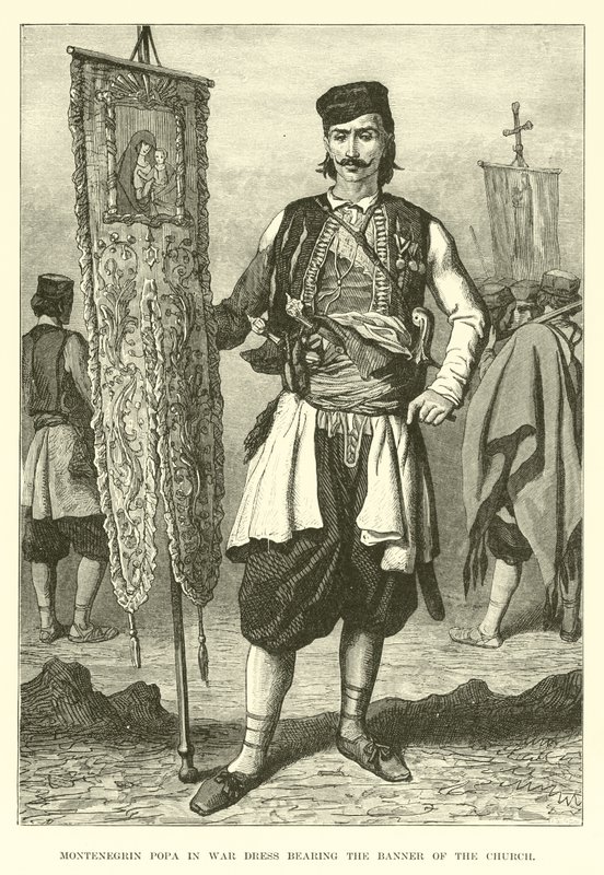 Montenegrinischer Popa in Kriegskleidung mit dem Banner der Kirche von English School