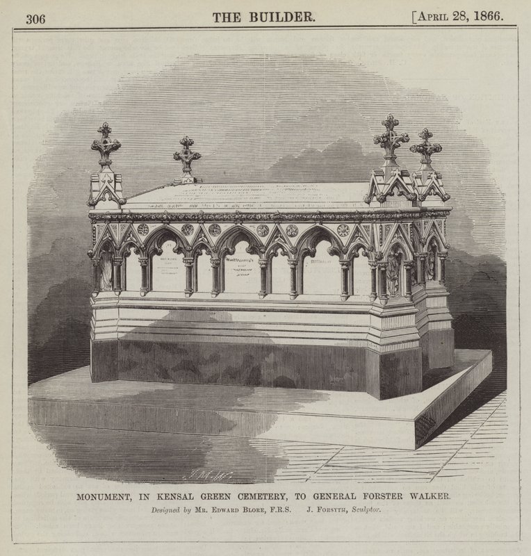 Denkmal auf dem Kensal Green Friedhof für General Forster Walker, entworfen von Mr. Edward Blore, FRS (Gravur) von English School