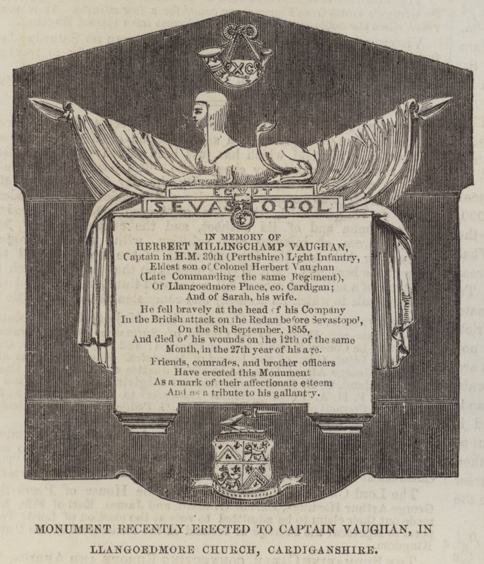 Denkmal kürzlich errichtet für Captain Vaughan, in der Kirche von Llangoedmore, Cardiganshire (Stich) von English School