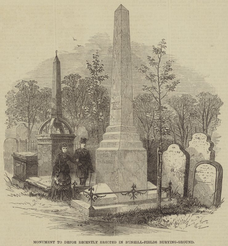 Denkmal für Defoe, kürzlich errichtet auf dem Friedhof Bunhill-Fields (Stich) von English School