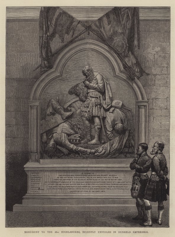 Denkmal für die 42. Highlander, kürzlich in der Kathedrale von Dunkeld enthüllt (Stich) von English School