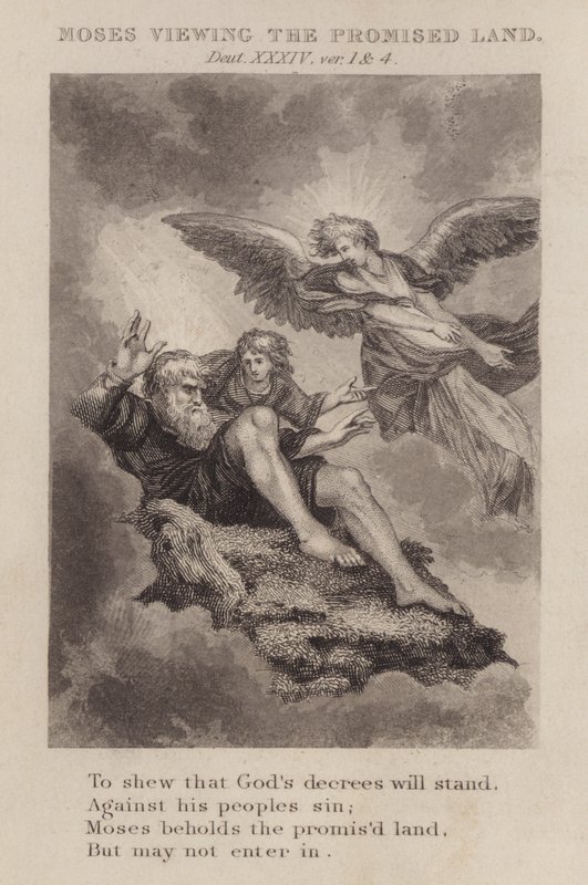 Moses betrachtet das verheißene Land, Deuteronomium XXXIV, Vers 1 und 4 von English School