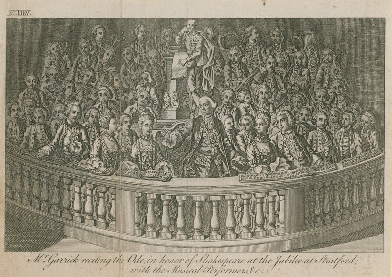 Mr. David Garrick rezitiert die Ode zu Ehren von William Shakespeare beim Jubiläum in Stratford von English School