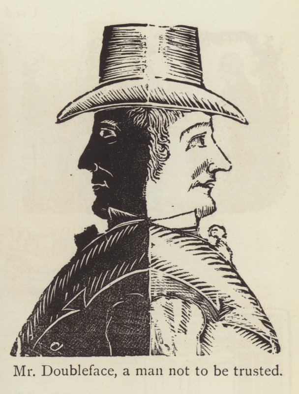 Herr Doppelgesicht, ein Mann, dem man nicht trauen kann (Gravur) von English School