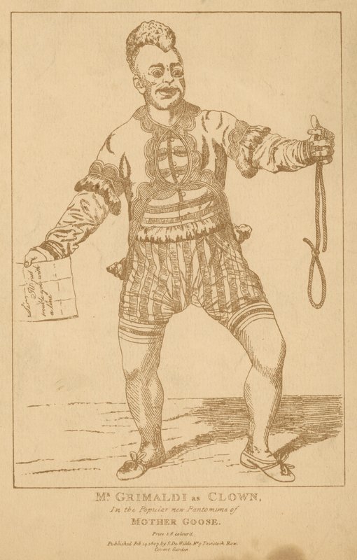 Mr Joseph Grimaldi als Clown in der beliebten Pantomime Mother Goose von English School