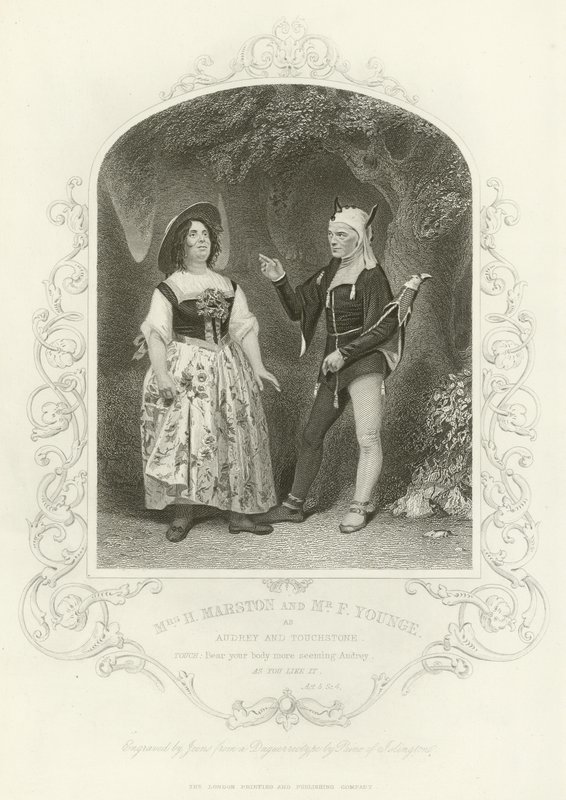 Mrs. H. Marston und F. Younge als Audrey und Narr, Wie es euch gefällt, Akt V, Szene iv von English School