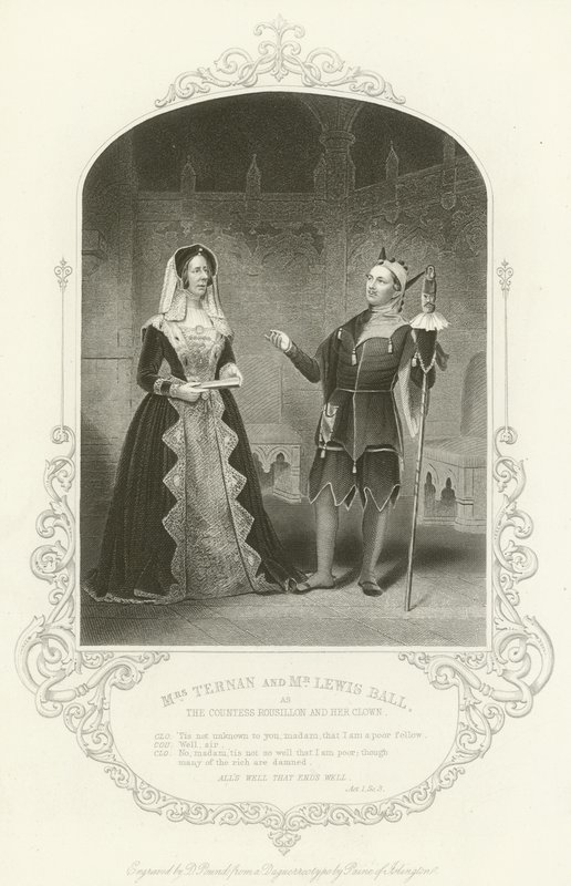 Mrs. Ternan und Mr. Lewis Ball als die Gräfin Rousillon und ihr Narr, Ende gut, alles gut, Akt I, Szene iii von English School