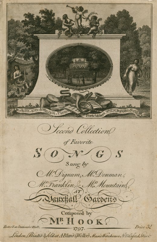 Musikalische Partitur mit Lieblingsliedern, gesungen in den Vauxhall Gardens, London, komponiert von Mr. Hook von English School