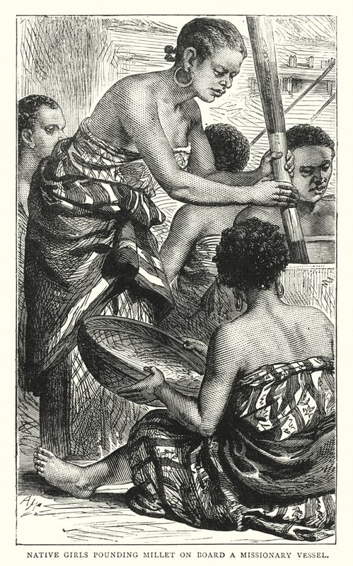 Einheimische Mädchen stampfen Hirse an Bord eines Missionsschiffs von English School