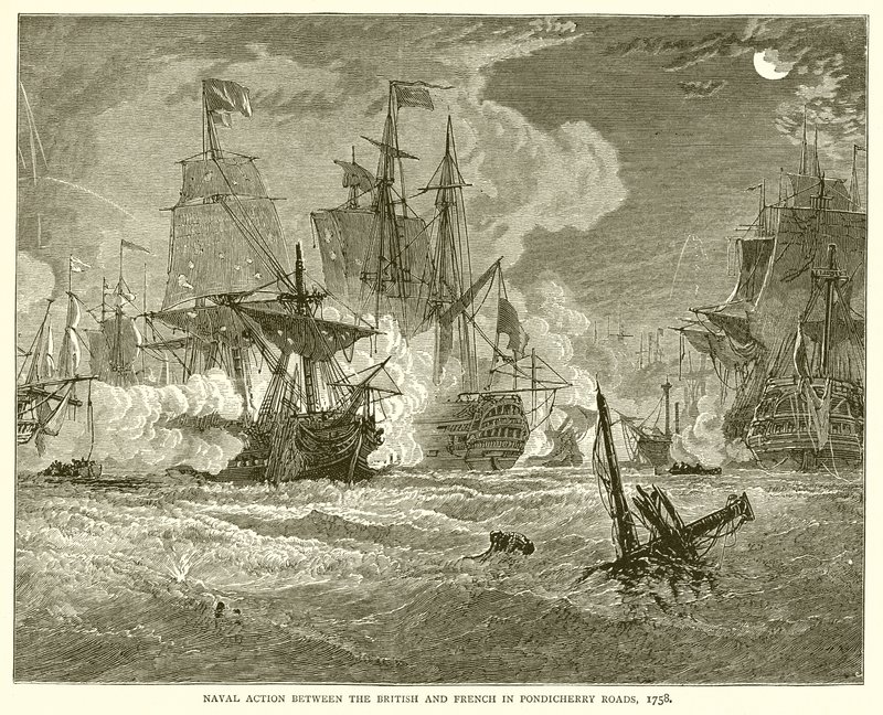 Seeschlacht zwischen den Briten und Franzosen in den Gewässern von Pondicherry, 1758 von English School