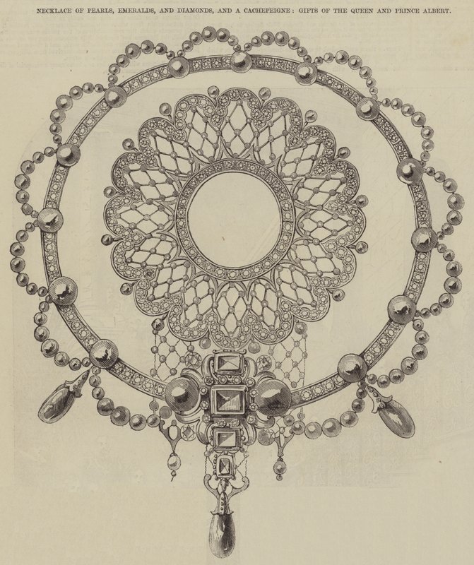 Halskette aus Perlen, Smaragden und Diamanten und ein Cachepeigne, Geschenke der Königin und Prinz Albert (Gravur) von English School