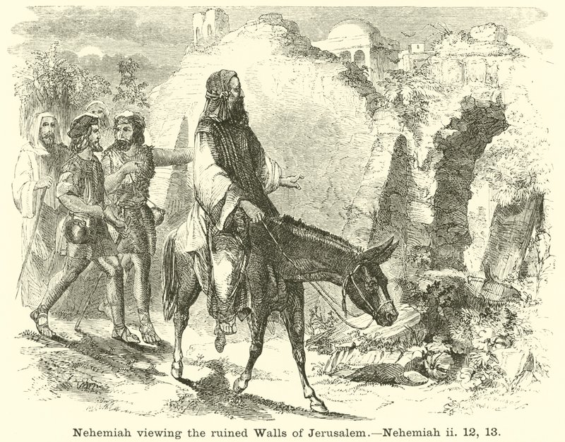 Nehemia betrachtet die zerstörten Mauern Jerusalems, Nehemia, ii, 12, 13 von English School