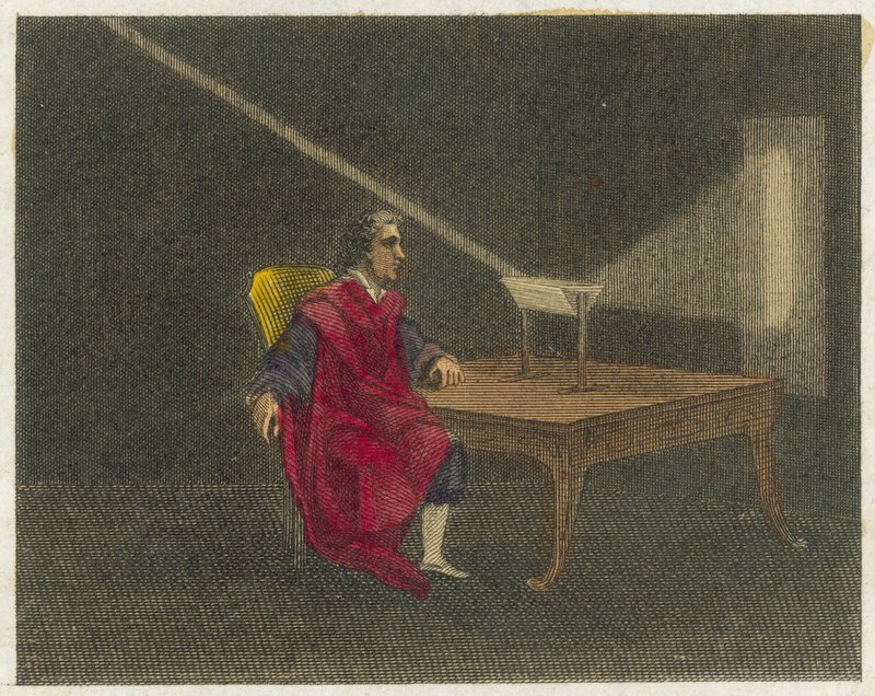 Newton entdeckt die Natur des Lichts (kolorierter Stich) von English School