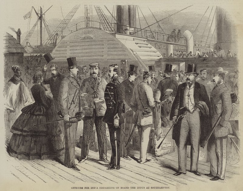 Offiziere für Indien, die an Bord der Indus in Southampton einschiffen (Stich) von English School