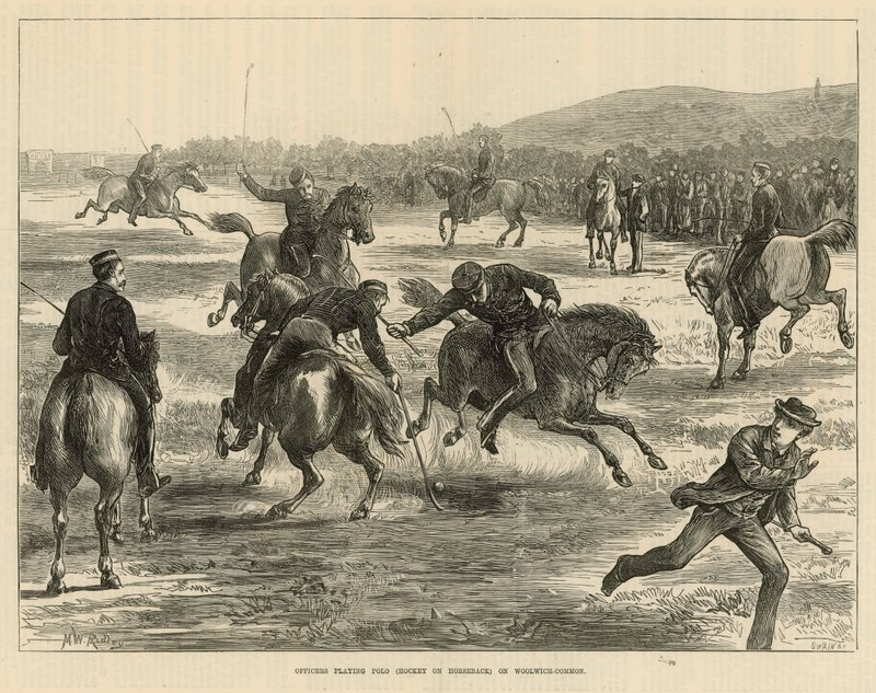 Offiziere spielen Polo (Hockey zu Pferd) auf Woolwich Common von English School