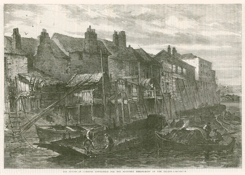 Alte Häuser in Lambeth, abgerissen für das südliche Ufer der Themse von English School
