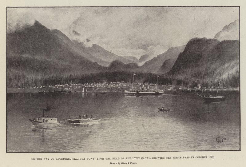 Auf dem Weg nach Klondike, Skagway Town, vom Kopf des Lynn Canal, zeigt den White Pass im Oktober 1897 (Lithografie) von English School