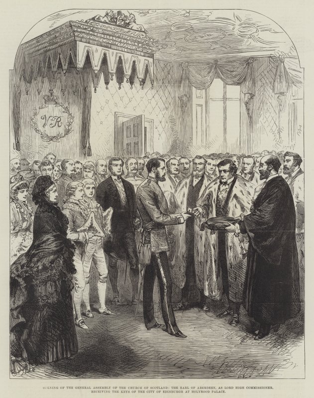 Eröffnung der Generalversammlung der Kirche von Schottland, der Earl of Aberdeen als Lord High Commissioner, empfängt die Schlüssel der Stadt Edinburgh im Holyrood-Palast (Gravur) von English School