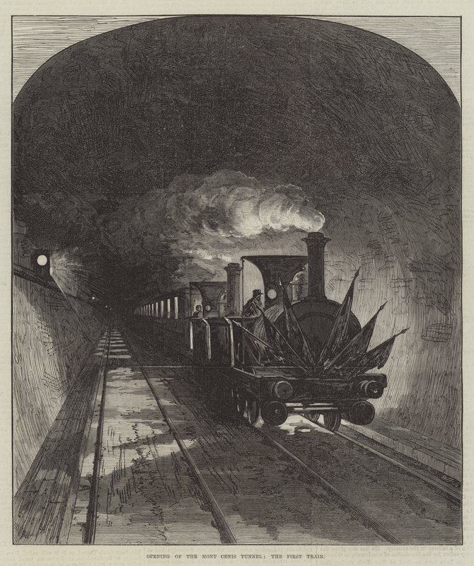 Eröffnung des Mont-Cenis-Tunnels, der erste Zug (Gravur) von English School