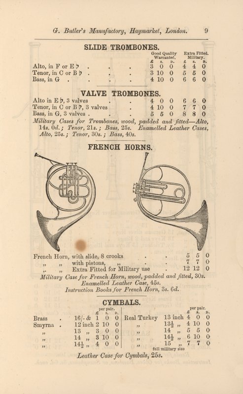 Seite aus G Butlers illustriertem Katalog von Musikinstrumenten (Stich) von English School