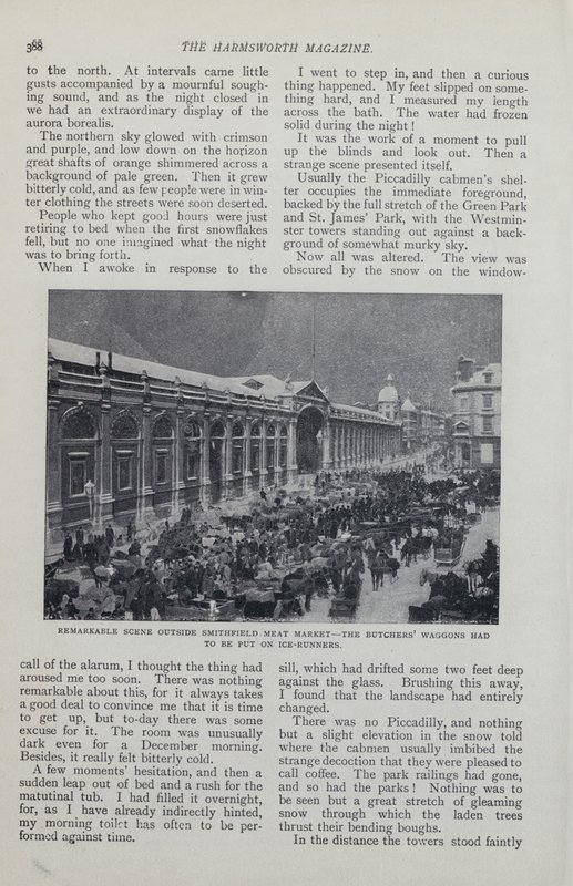 Seite aus einem Magazinartikel über ein imaginäres eingeschneites London von English School