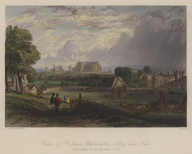 Palast von St. James, Westminster Abbey und Hall, London (farbiger Stich) von English School