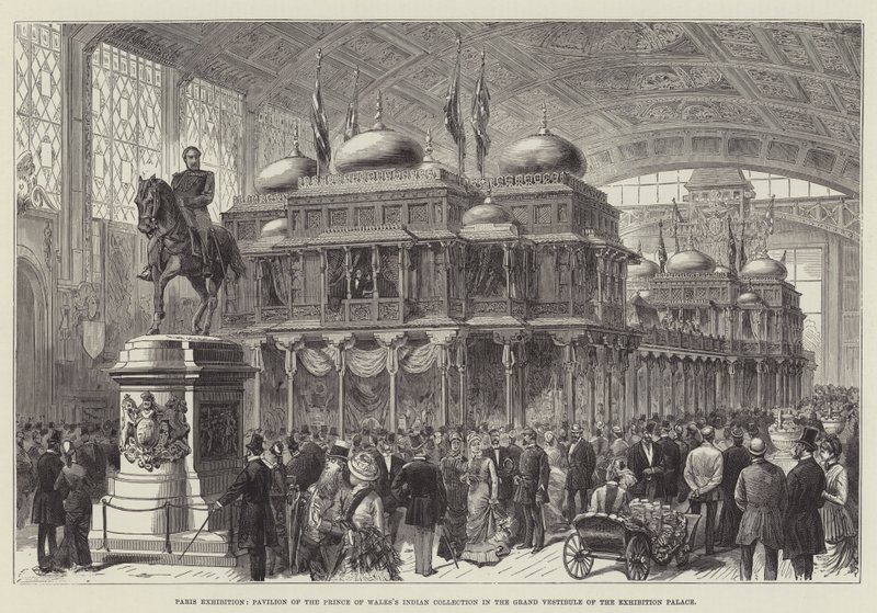 Pariser Ausstellung, Pavillon der indischen Sammlung des Prinzen von Wales im großen Vestibül des Ausstellungspalastes (Gravur) von English School
