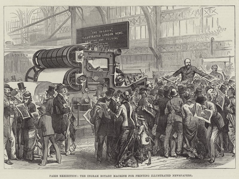 Pariser Ausstellung, die Ingram-Rotationsmaschine zum Drucken illustrierter Zeitungen (Stich) von English School