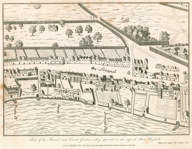Teil von The Strand und Covent Garden, London, wie sie in der Regierungszeit von Königin Elizabeth erschienen von English School