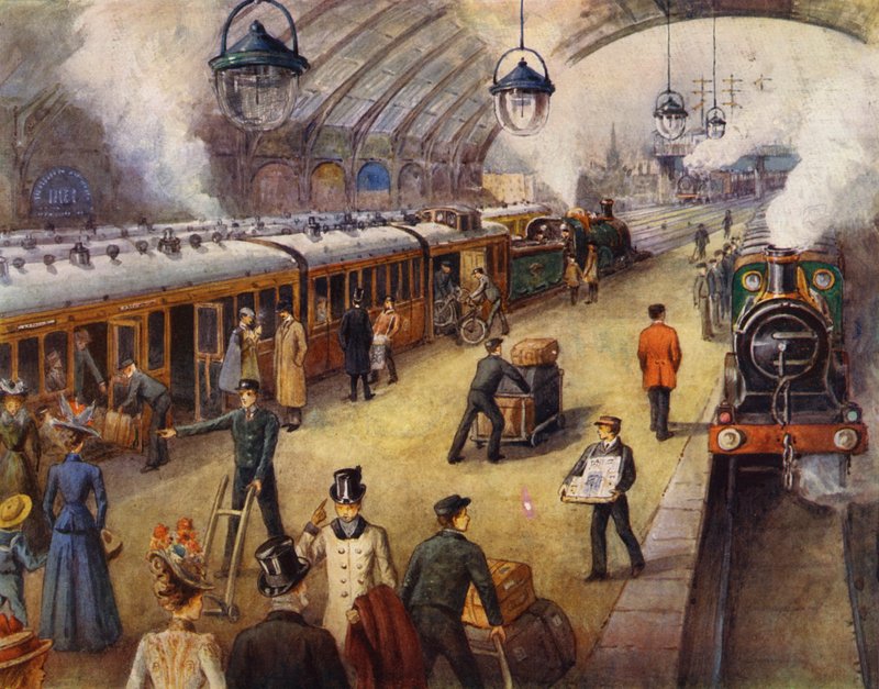 Passagiere auf dem Bahnsteig vor der Abfahrt des Zuges von English School