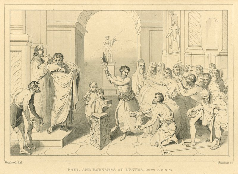 Paul und Barnabas in Lystra, Apostelgeschichte XIV, 8-18 von English School