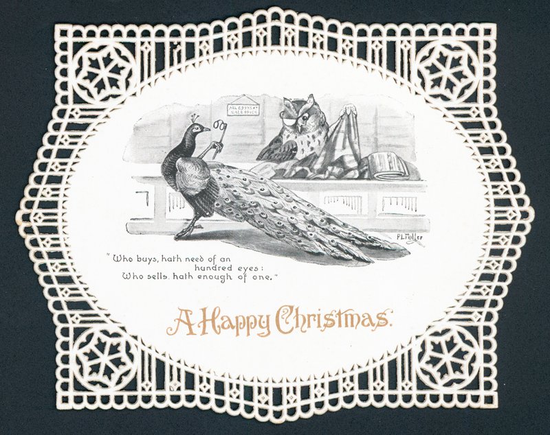 Pfau und Eule im Laden, Weihnachtskarte von English School