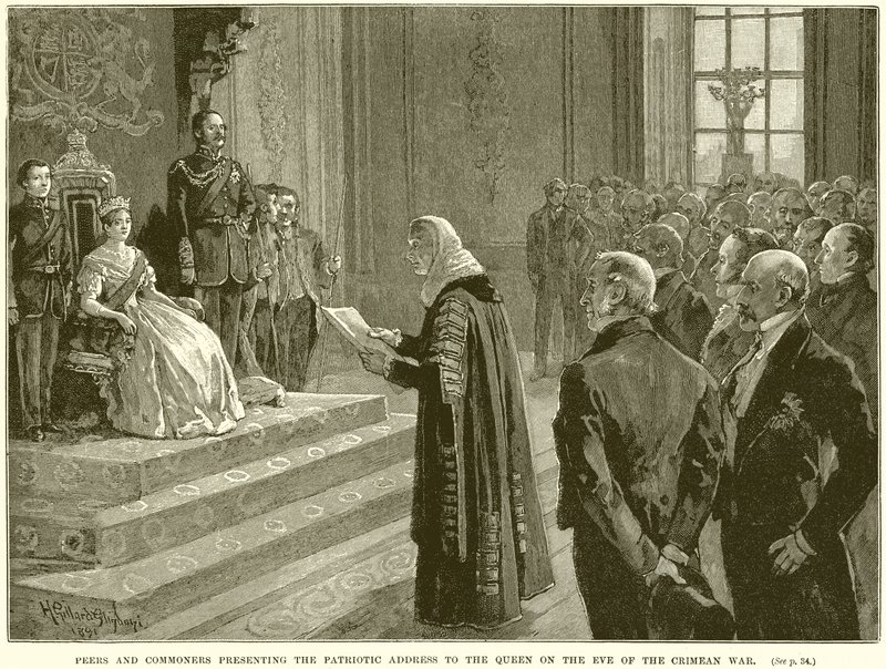 Peers und Gemeine überreichen der Königin die patriotische Adresse am Vorabend des Krimkrieges von English School