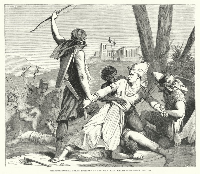 Pharao-Hophra gefangen im Krieg mit Amasis, Jeremia XLIV, 30 (Gravur) von English School