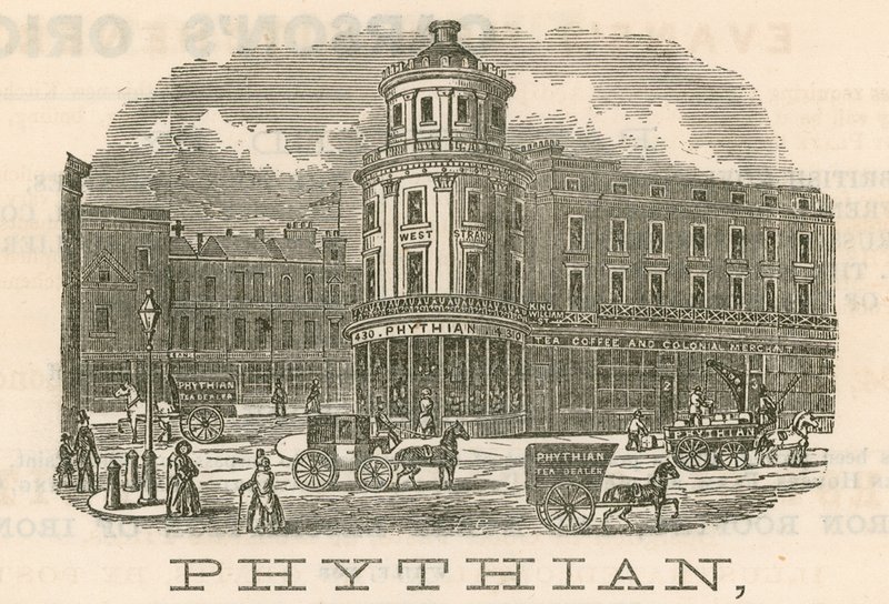 Phythian, Groß- und Familienteehändler und Auslandswarenhändler, 430 West Strand und 1-3 King William Street, London von English School