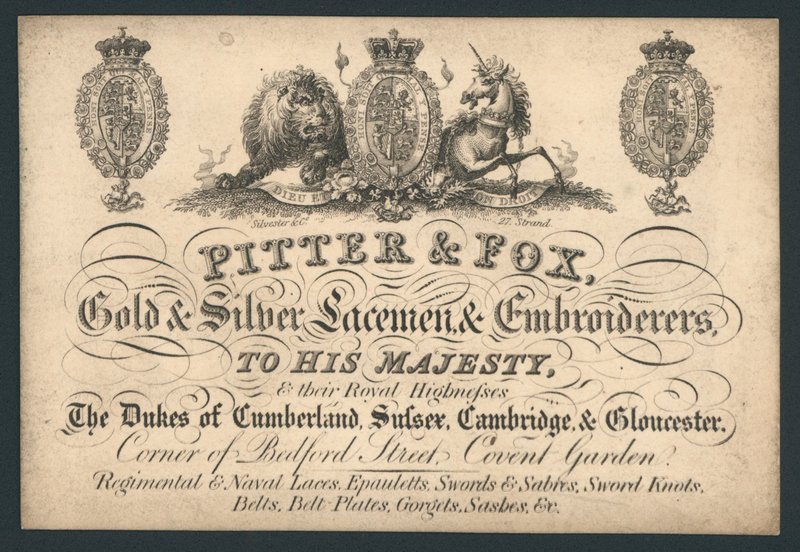 Pitter und Fox, Gold- und Silber-Laceman und Stickereien, Bedford Street, Covent Garden, Visitenkarte von English School