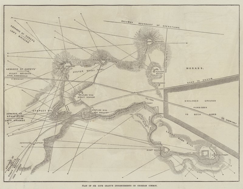 Plan der Verschanzungen von Sir Hope Grant auf dem Chobham Common (Gravur) von English School