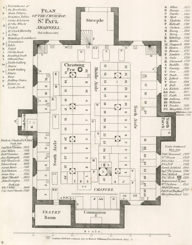Plan der Kirche St. Pauls, Shadwell, London, abgerissen 1817 von English School