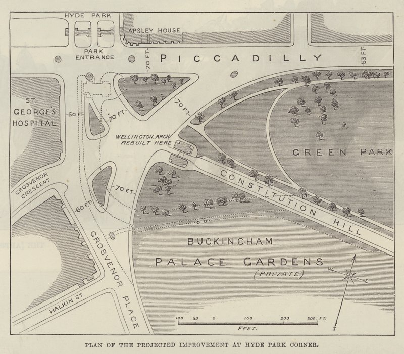 Plan der geplanten Verbesserung am Hyde Park Corner (Gravur) von English School