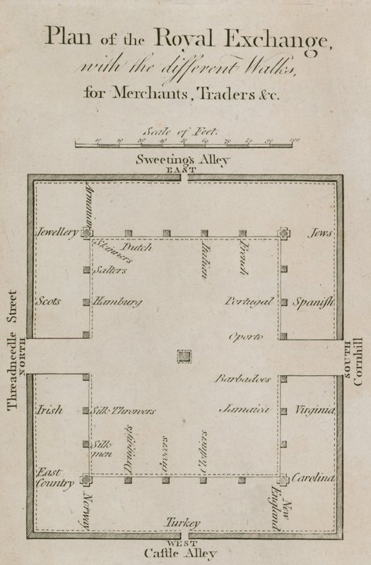 Plan der Royal Exchange mit den verschiedenen Wegen für Kaufleute, Händler usw. von English School