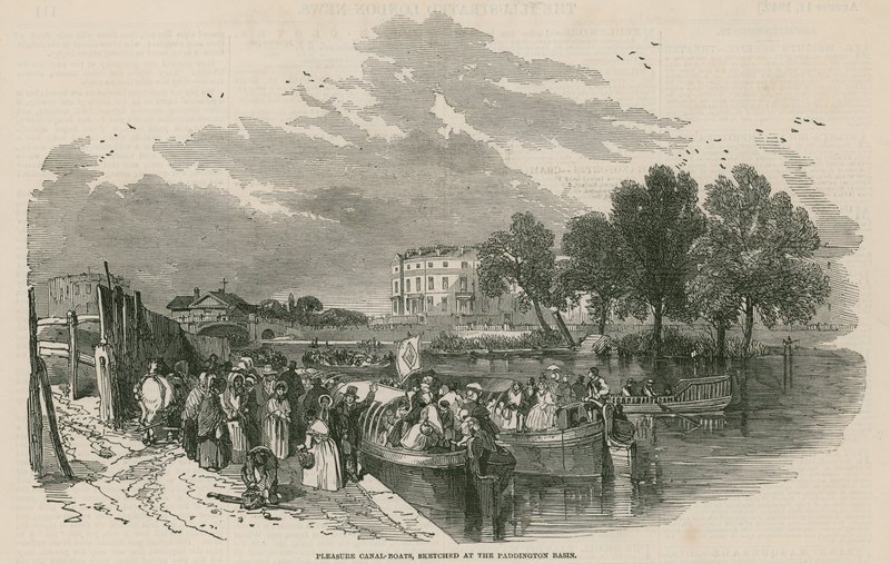 Vergnügungskanalboote, skizziert am Paddington Basin, Regents Canal, London von English School