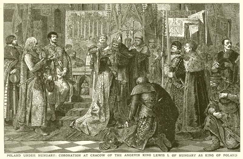 Polen unter Ungarn: Krönung in Krakau des Anjou-Königs Ludwig I. von Ungarn zum König von Polen von English School
