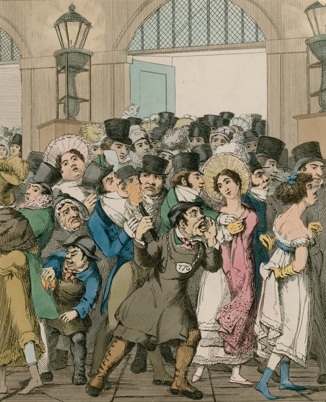 Polizist schlägt Alarm nach Sichtung eines Taschendiebs; Karikatur von English School