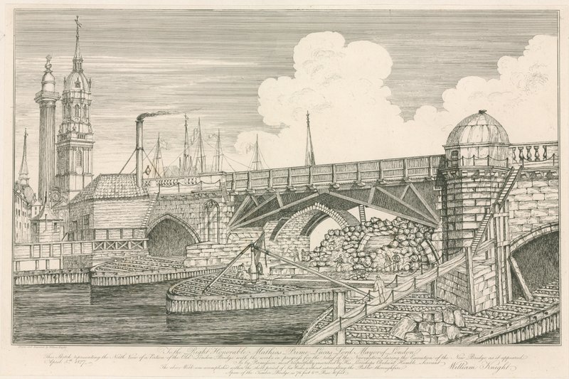 Teil der alten London Bridge, gezeichnet 1827 während der Bauarbeiten von English School