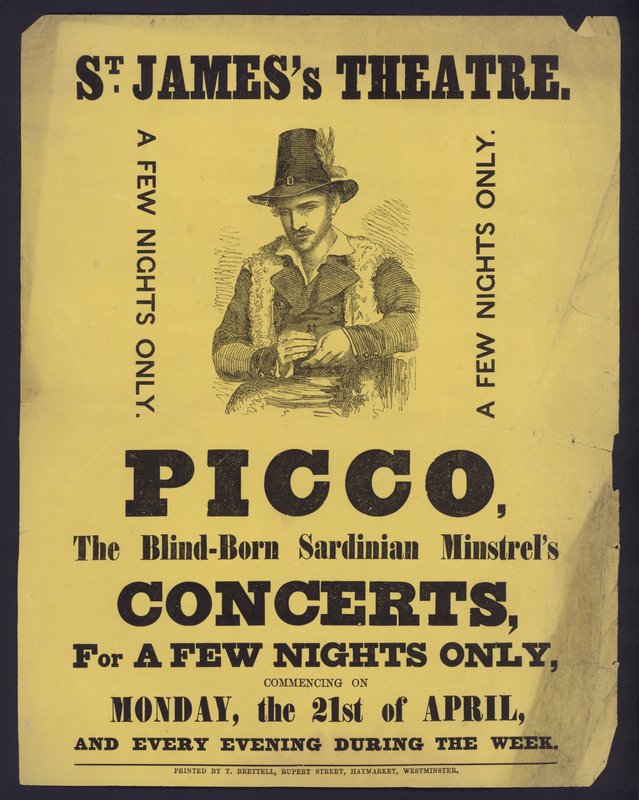 Plakat, das Konzerte von Picco, einem blinden sardischen Minnesänger, im St. James