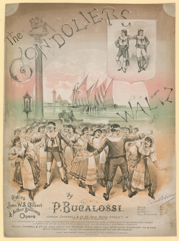 Plakat für The Gondoliers Waltz von P Bucalossi nach Melodien aus der Oper von W S Gilbert und Arthur Sullivan von English School
