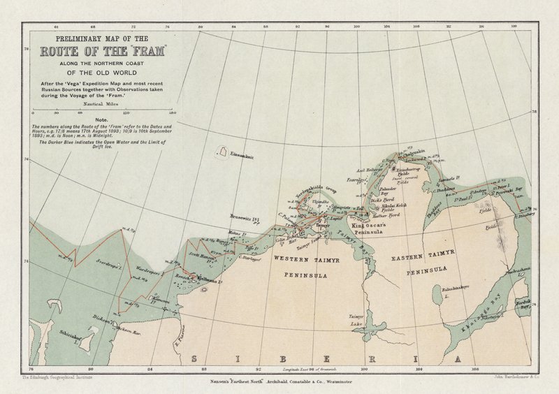 Vorläufige Karte der Route der Fram entlang der Nordküste der alten Welt von English School